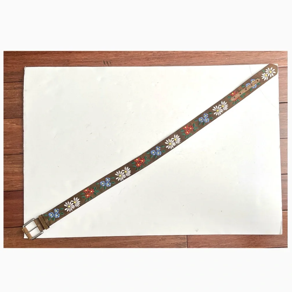 Brown Suede Floral Embroidered Belt with Silver Buckle - Picture 11 of 12